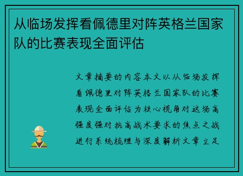 从临场发挥看佩德里对阵英格兰国家队的比赛表现全面评估